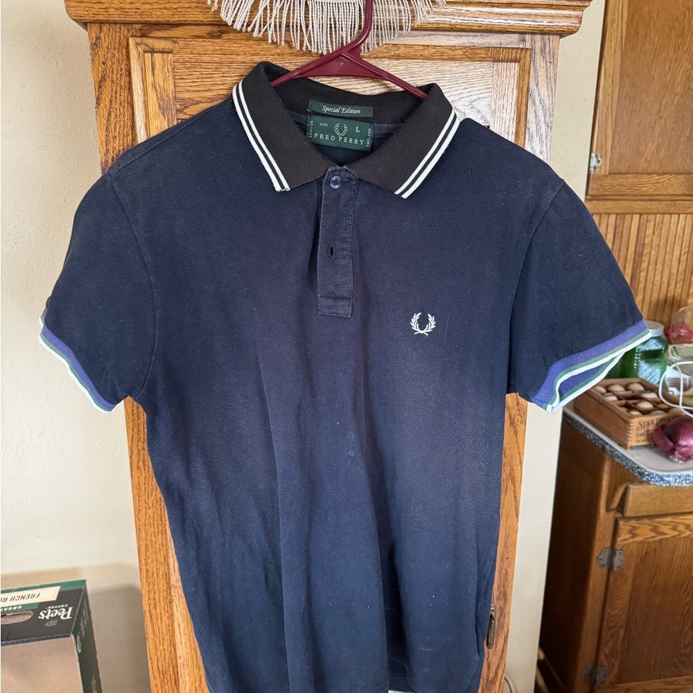 Fred Perry Navy Polo with White and Green Trim and Purple Accent